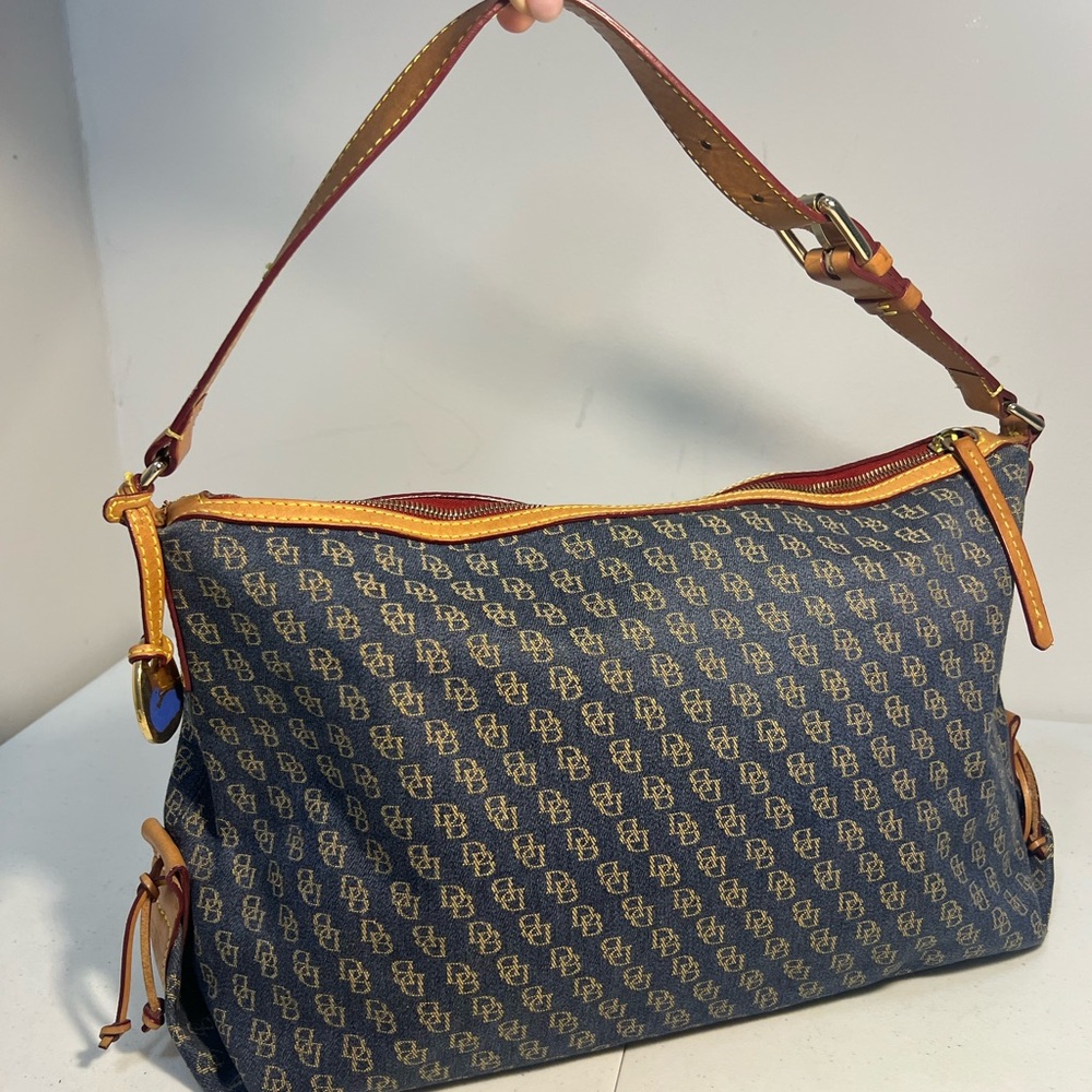 Dooney & Bourke Navy Signature Monogram Shoulder Bag with Tan Trim